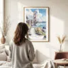 Woman standing in front of San Francisco Golden Gate Bridge Watercolor Art Print