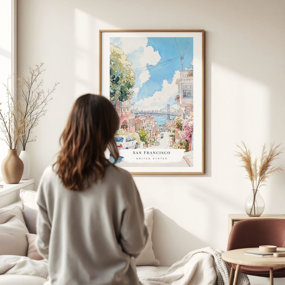 Woman standing in front of San Francisco Lombard Street Watercolor Art Print Woman standing in front of San Francisco Lombard Street Watercolor Art Print