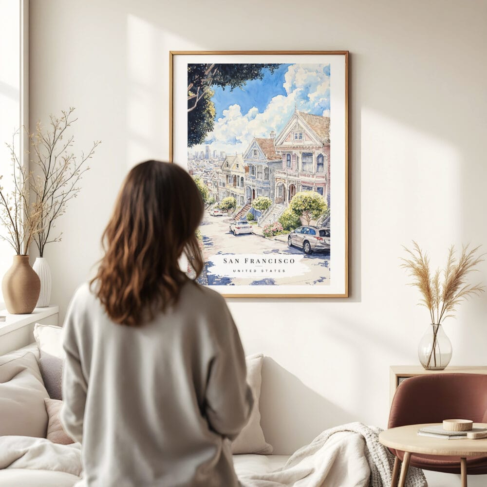 Woman standing in front of San Francisco - Painted Ladies Watercolor Art Print Woman standing in front of San Francisco - Painted Ladies Watercolor Art Print