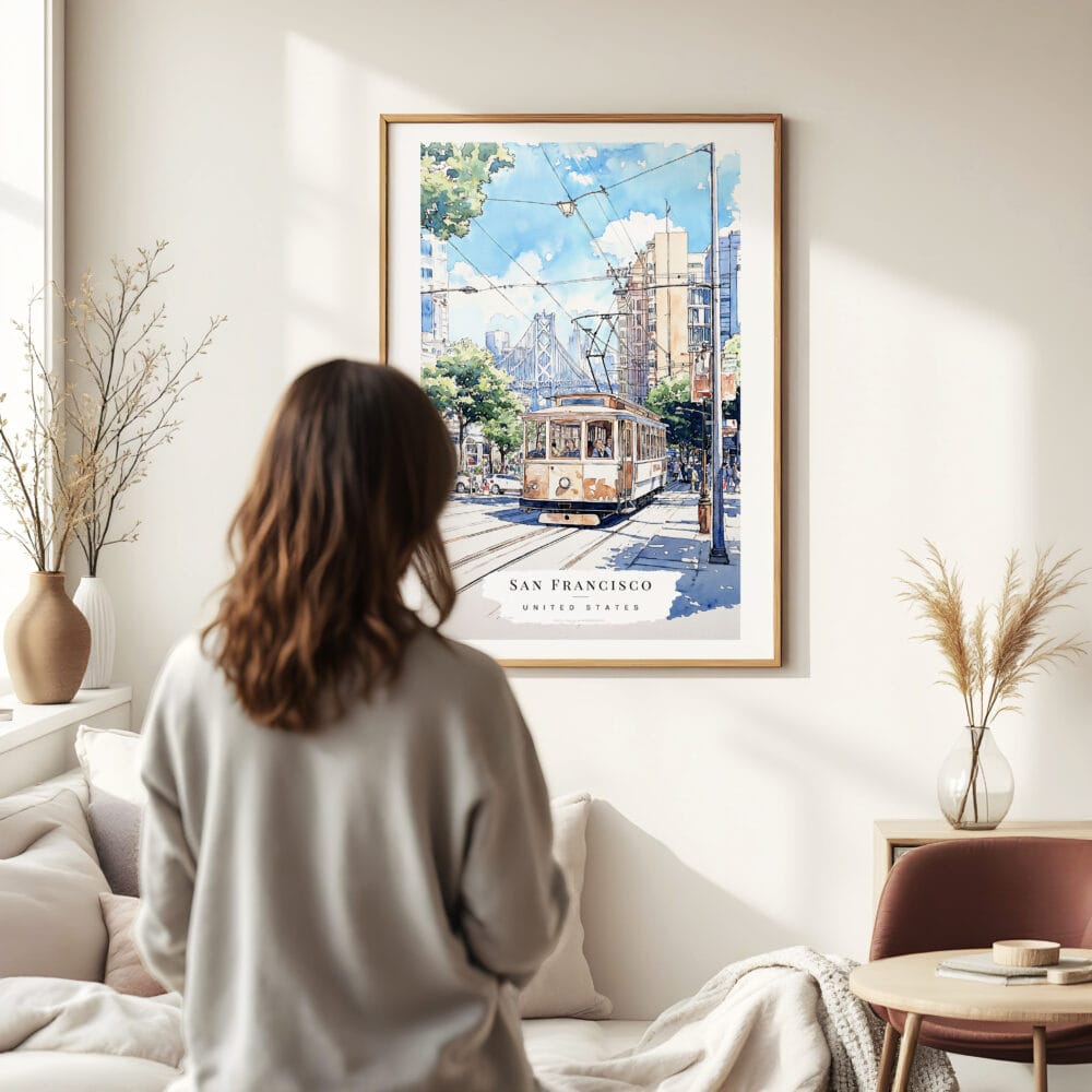 Woman standing in front of San Francisco Watercolor Art Print Woman standing in front of San Francisco Watercolor Art Print