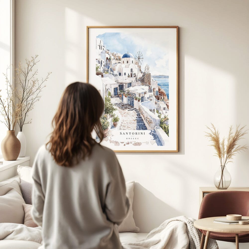 Woman standing in front of Santorini Blue Dome Watercolor Art Print Woman standing in front of Santorini Blue Dome Watercolor Art Print