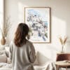Woman standing in front of Santorini Blue Dome Watercolor Art Print