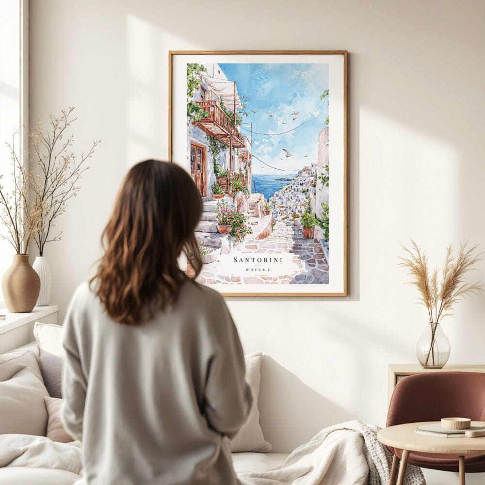 Woman standing in front of Santorini Watercolor Art Print Woman standing in front of Santorini Watercolor Art Print