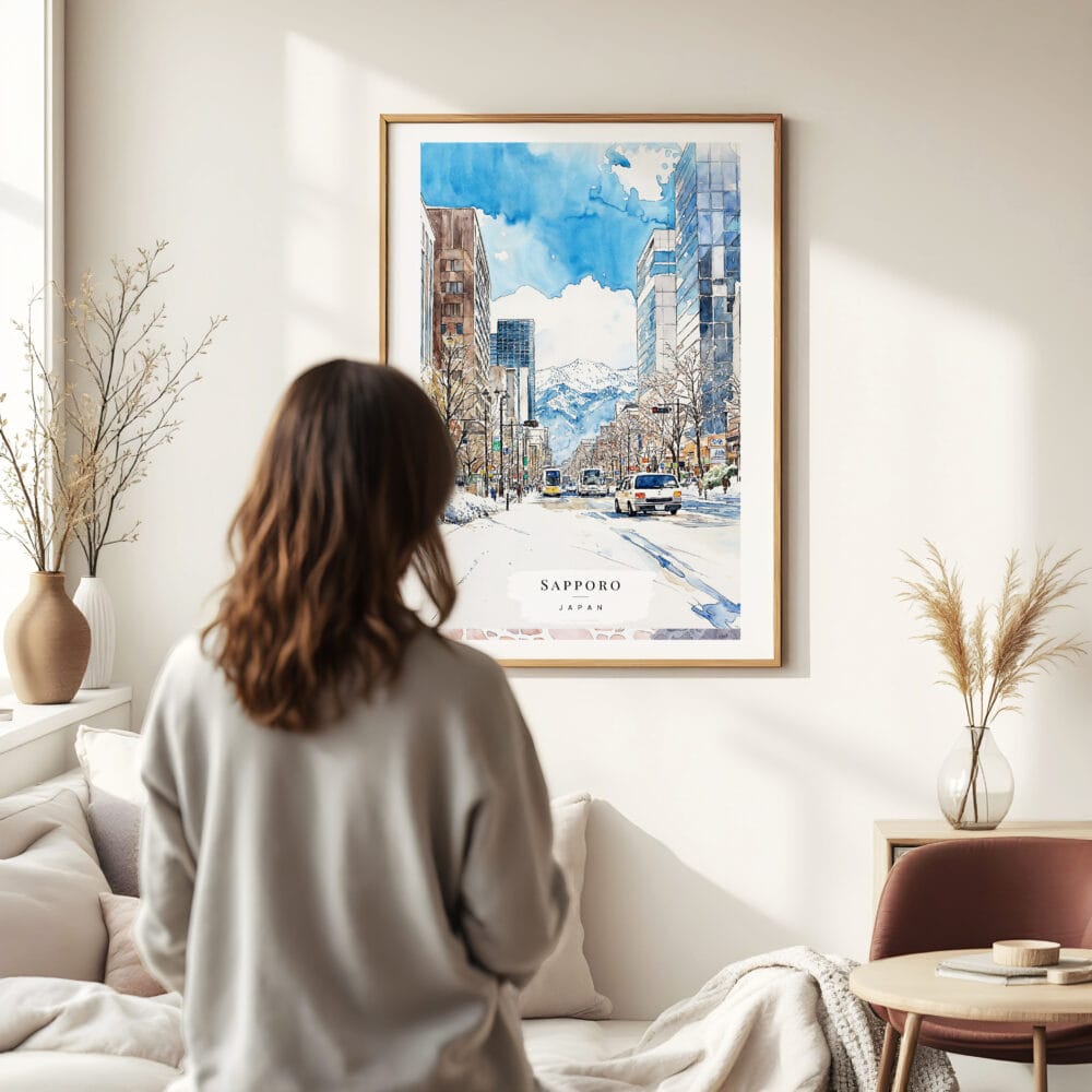 Woman standing in front of Sapporo City Watercolor Art Print Woman standing in front of Sapporo City Watercolor Art Print