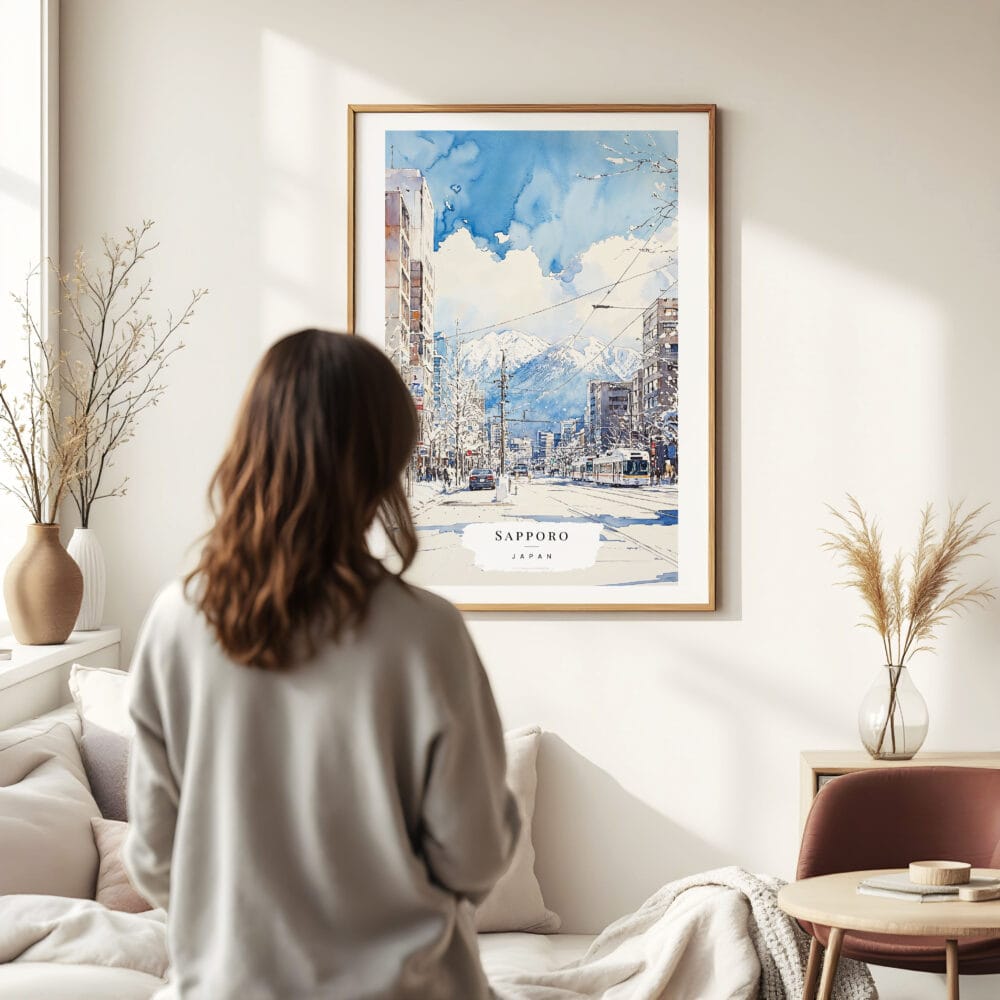 Woman standing in front of Sapporo Japan Watercolor Art Print Woman standing in front of Sapporo Japan Watercolor Art Print