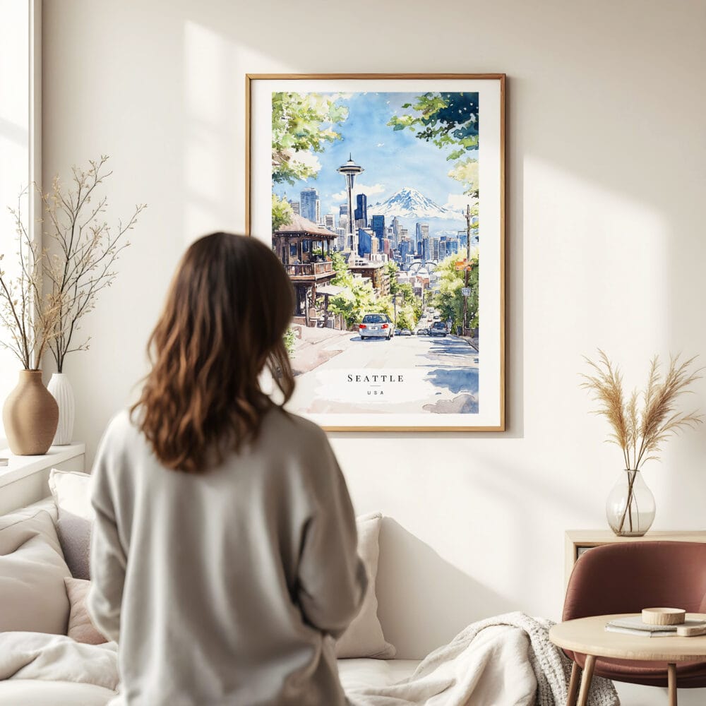 Woman standing in front of Seattle - Space Needle Watercolor Art Print Woman standing in front of Seattle - Space Needle Watercolor Art Print