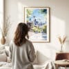 Woman standing in front of Seattle - Space Needle Watercolor Art Print