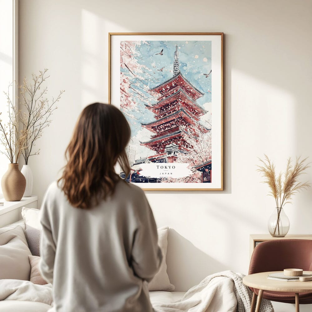 Woman standing in front of Tokyo Sakura Watercolor Art Print Woman standing in front of Tokyo Sakura Watercolor Art Print