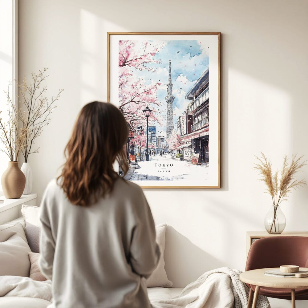 Woman standing in front of Tokyo Skytree Watercolor Art Print Woman standing in front of Tokyo Skytree Watercolor Art Print