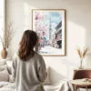 Woman standing in front of Tokyo Skytree Watercolor Art Print