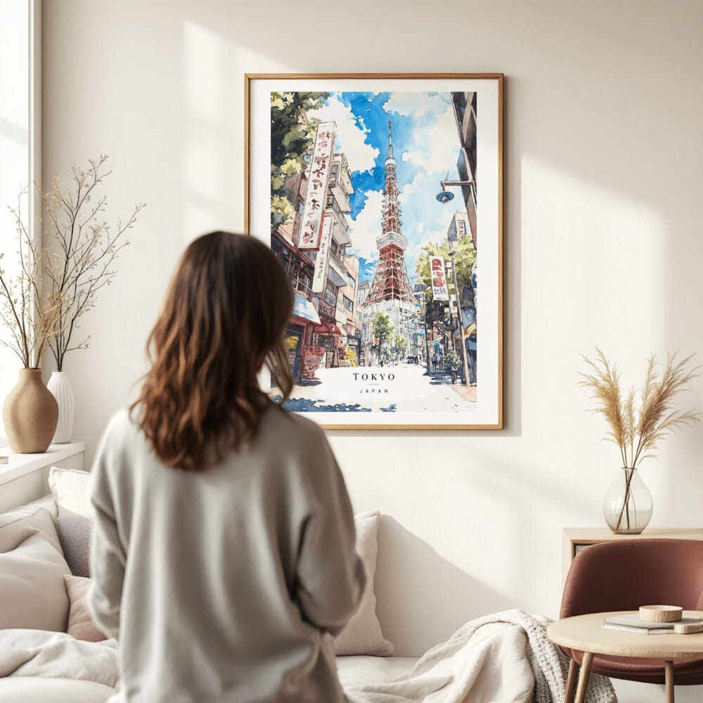 Woman standing in front of Tokyo Tower Watercolor Art Print Woman standing in front of Tokyo Tower Watercolor Art Print