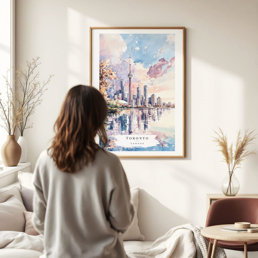 Woman standing in front of Toronto Watercolor Art Print Woman standing in front of Toronto Watercolor Art Print