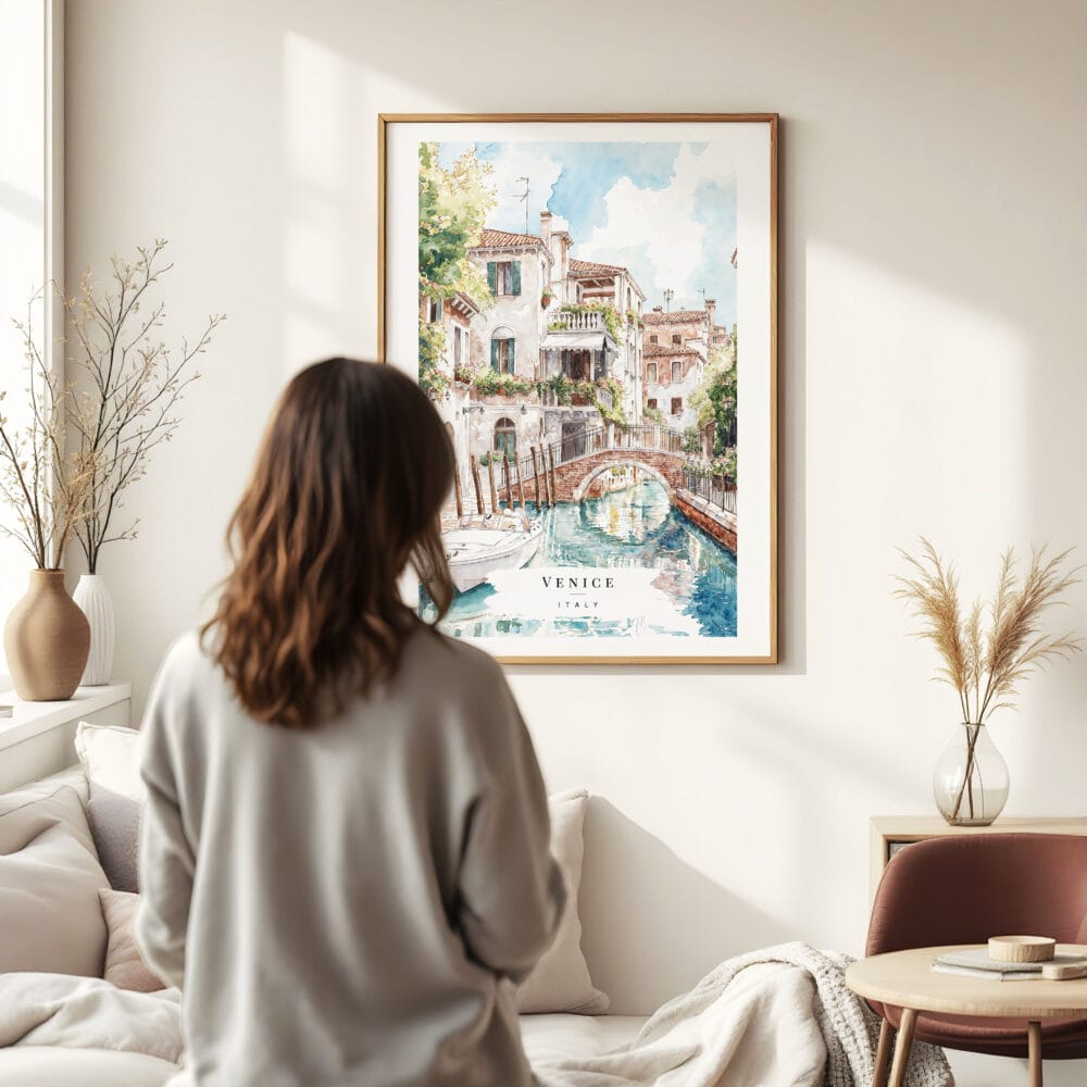 Woman standing in front of Venice Canal Watercolor Art Print Woman standing in front of Venice Canal Watercolor Art Print