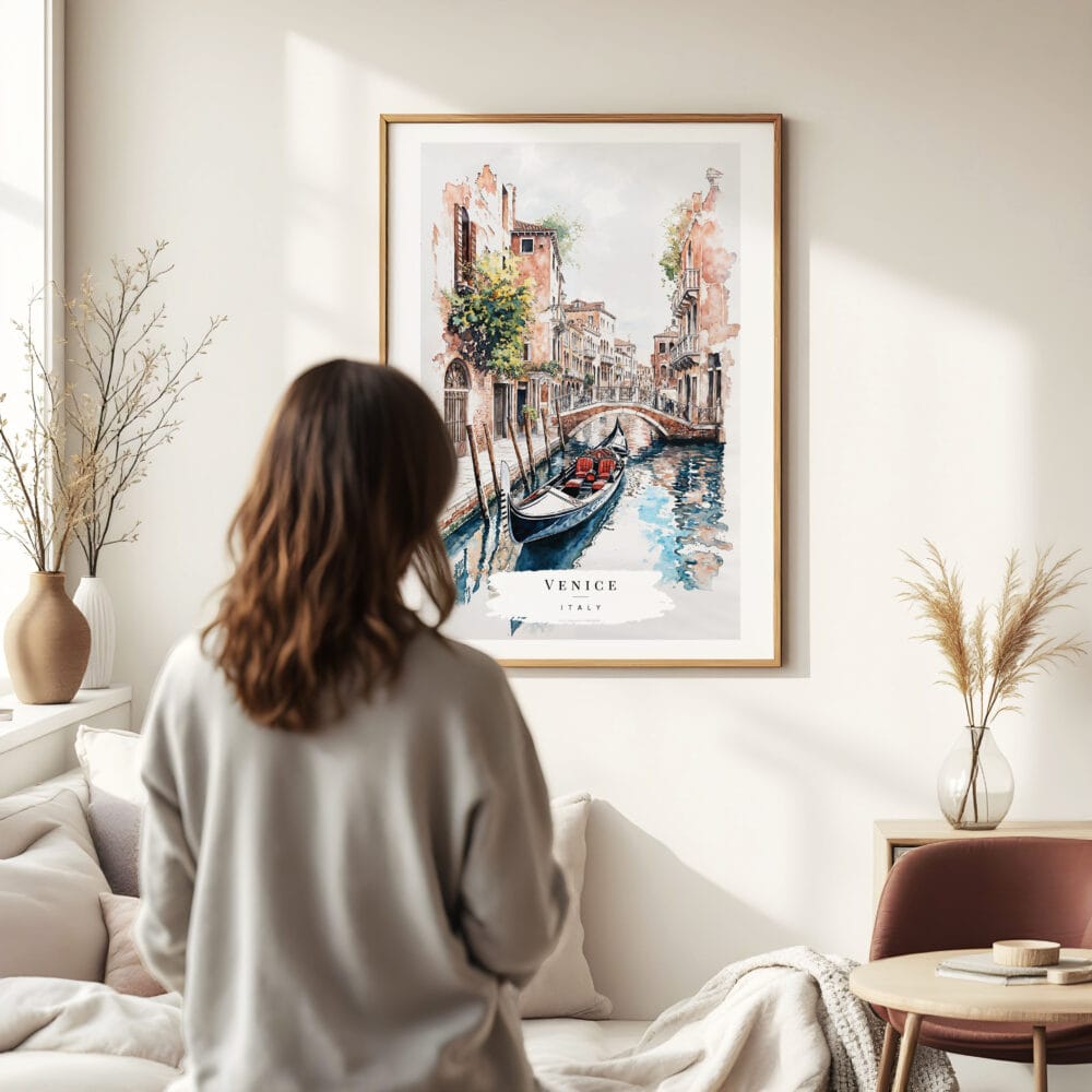 Woman standing in front of Venice Gondola Watercolor Art Print Woman standing in front of Venice Gondola Watercolor Art Print