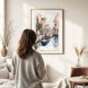 Woman standing in front of Venice Gondola Watercolor Art Print