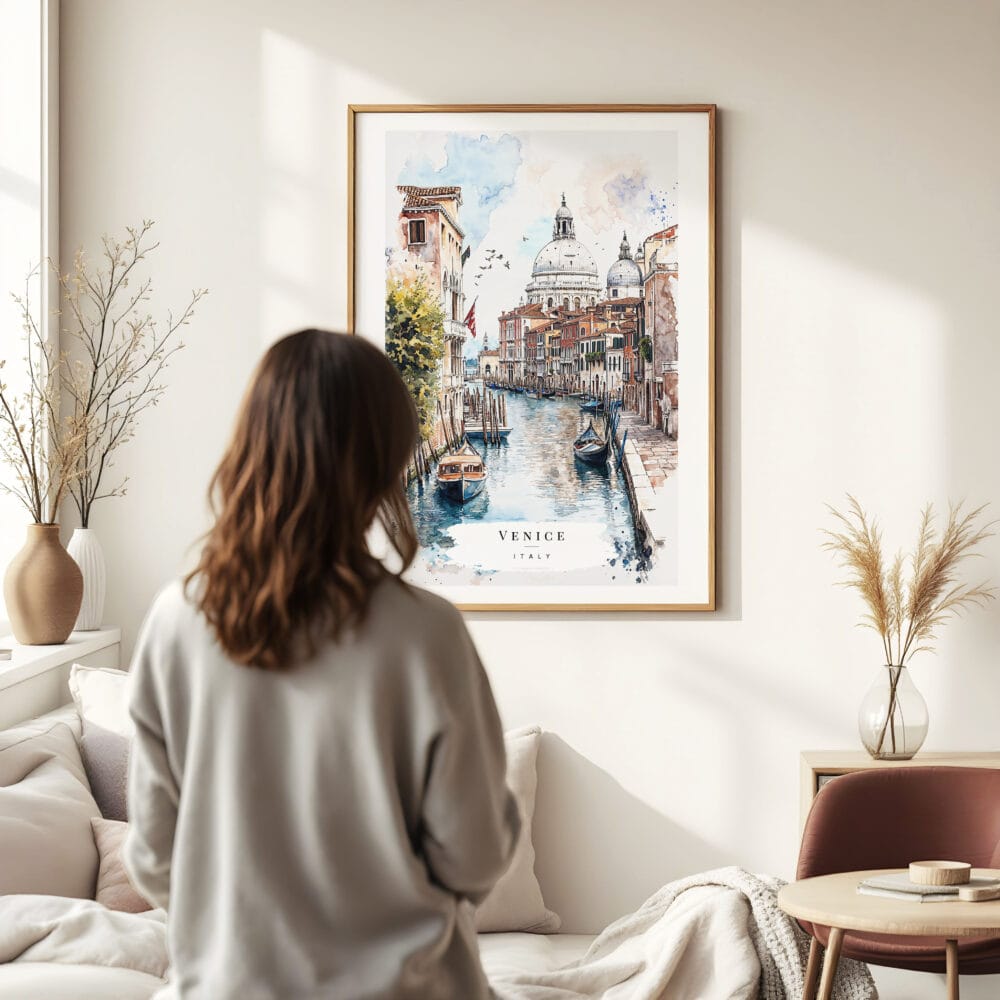 Woman standing in front of Venice Watercolor Art Print Woman standing in front of Venice Watercolor Art Print