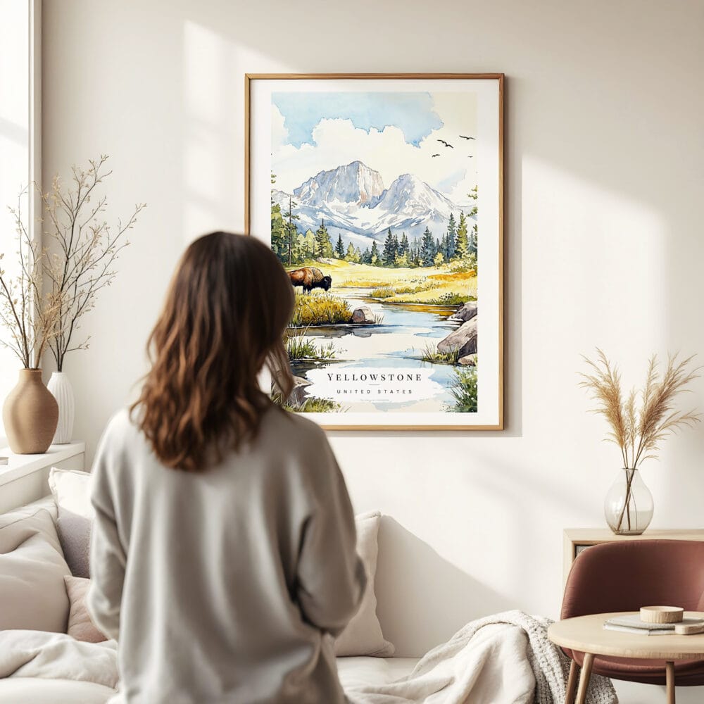 Woman standing in front of Yellowstone Bison Watercolor Art Print Woman standing in front of Yellowstone Bison Watercolor Art Print