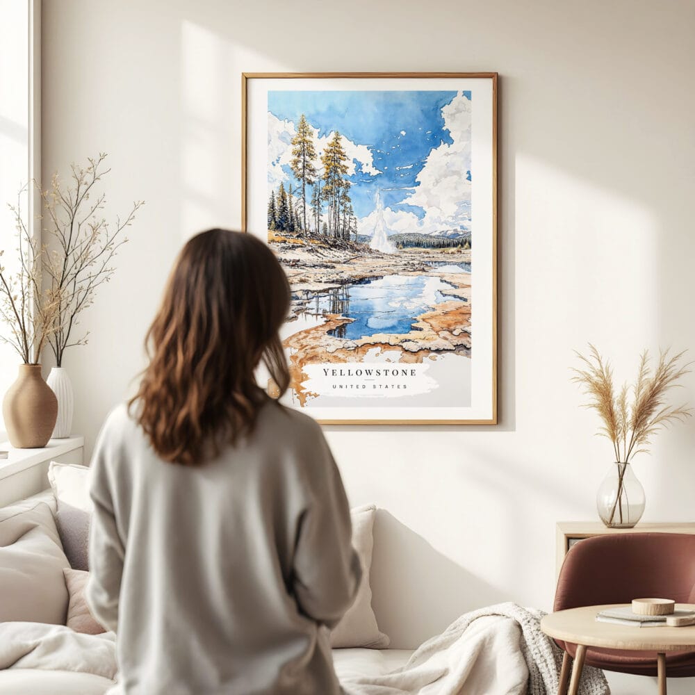 Woman standing in front of Yellowstone geyser Watercolor Art Print Woman standing in front of Yellowstone geyser Watercolor Art Print