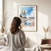 Woman standing in front of Yellowstone geyser Watercolor Art Print