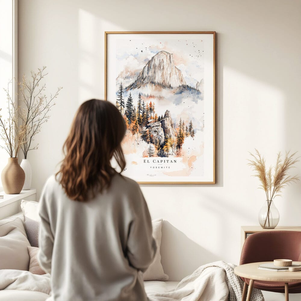 Woman standing in front of Yosemite Watercolor Art Print Woman standing in front of Yosemite Watercolor Art Print