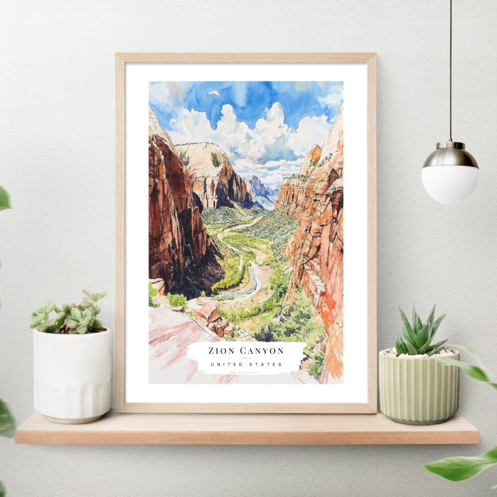 Zion Canyon Watercolor Art Print on shelf Zion Canyon Watercolor Art Print on shelf