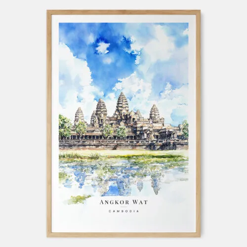 Angkor Wat Cambodia Watercolor Art Print - Main - Wood Frame