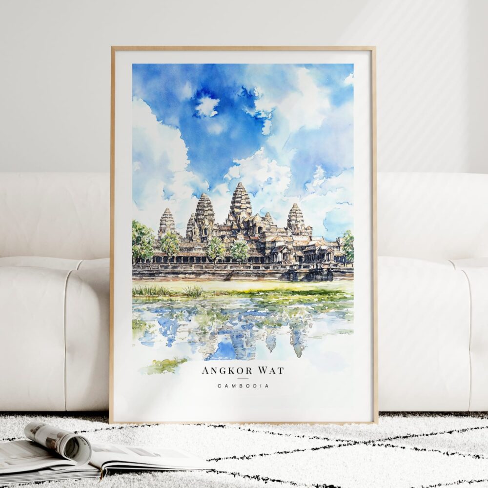Angkor Wat Cambodia Watercolor Art Print - Wood Frame standing on Floor Angkor Wat Cambodia Watercolor Art Print - Wood Frame standing on Floor