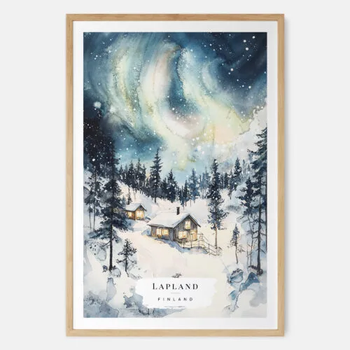 Aurora Lapland Finland Watercolor Art Print - Main - Wood Frame