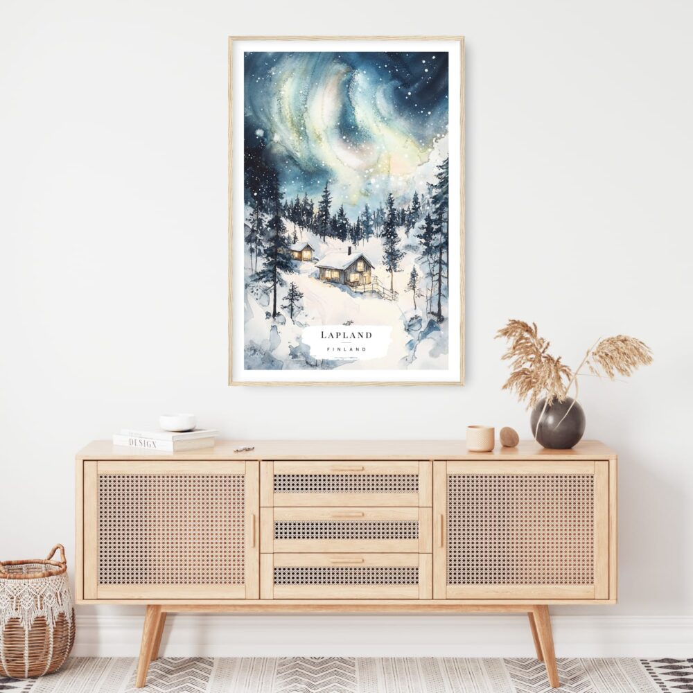 Aurora Lapland Finland Watercolor Art Print - Shelf - Portrait Aurora Lapland Finland Watercolor Art Print - Shelf - Portrait