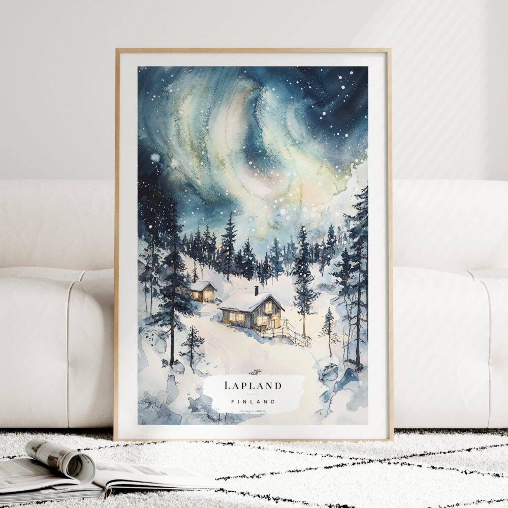 Aurora Lapland Finland Watercolor Art Print - Wood Frame standing on Floor Aurora Lapland Finland Watercolor Art Print - Wood Frame standing on Floor