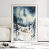 Aurora Lapland Finland Watercolor Art Print - Wood Frame standing on Floor