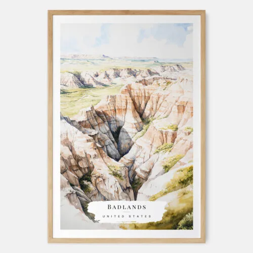 Badlands National Park Watercolor Art Print - Main - Wood Frame