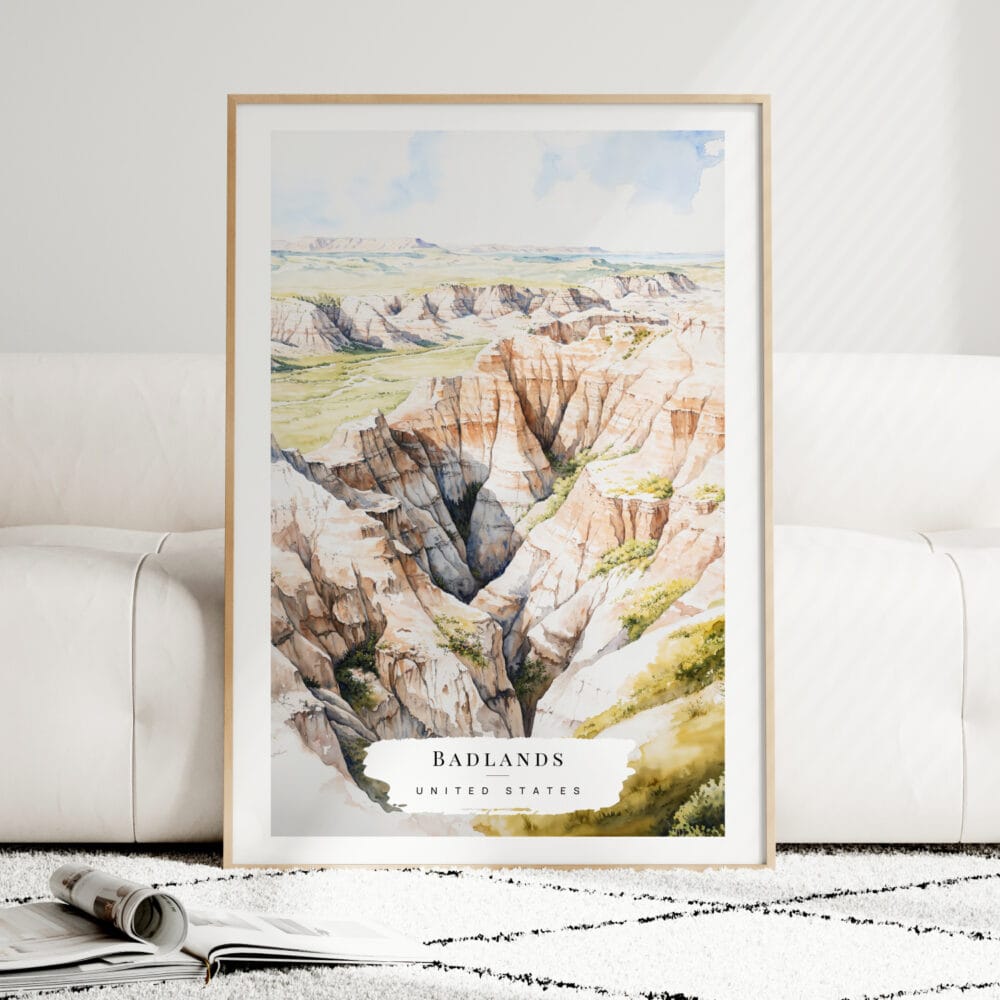 Badlands National Park Watercolor Art Print - Wood Frame standing on Floor Badlands National Park Watercolor Art Print - Wood Frame standing on Floor