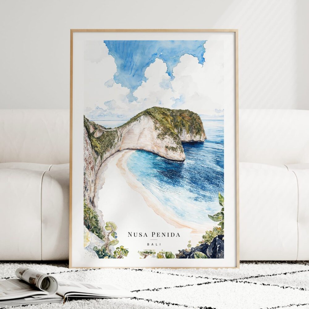 Bali Nusa Penida Watercolor Art Print - Wood Frame standing on Floor Bali Nusa Penida Watercolor Art Print - Wood Frame standing on Floor