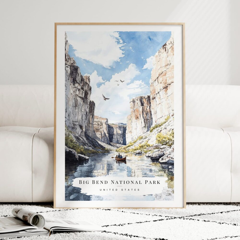 Big Bend National Park Watercolor Art Print - Wood Frame standing on Floor Big Bend National Park Watercolor Art Print - Wood Frame standing on Floor