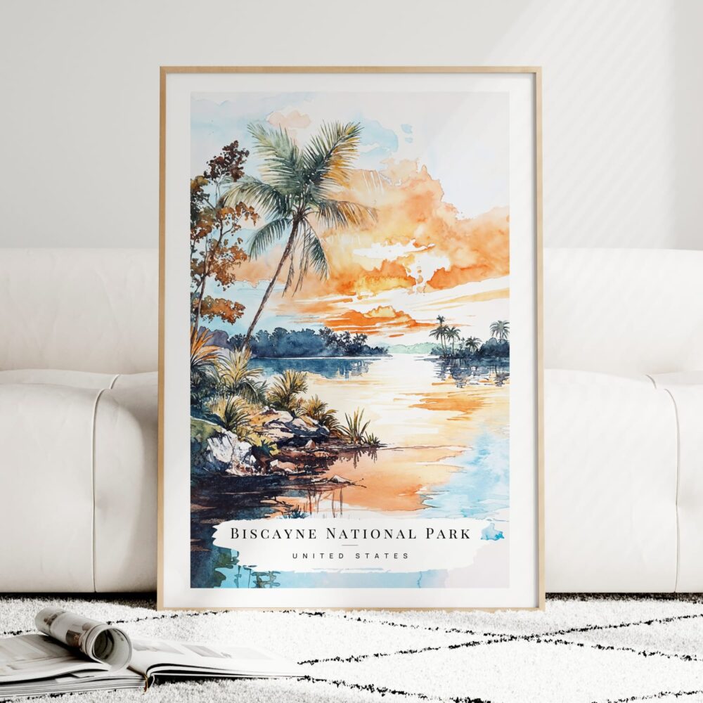 Biscayne National Park Watercolor Art Print - Wood Frame standing on Floor Biscayne National Park Watercolor Art Print - Wood Frame standing on Floor