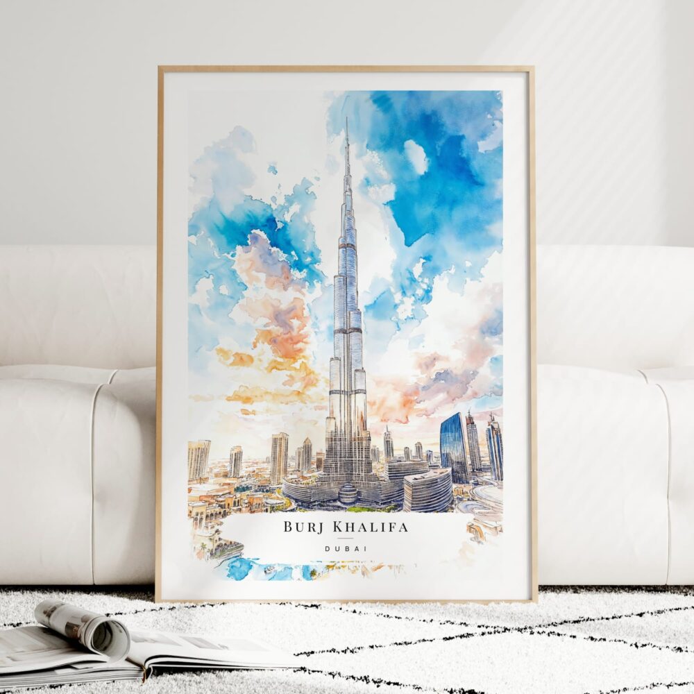 Burj Khalifa Dubai Watercolor Art Print - Wood Frame standing on Floor Burj Khalifa Dubai Watercolor Art Print - Wood Frame standing on Floor
