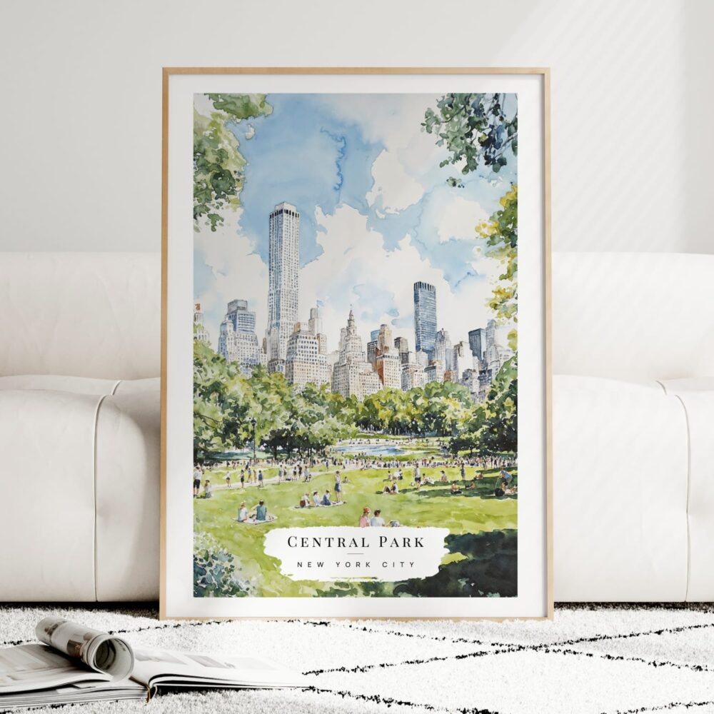 Central Park New York Watercolor Art Print - Wood Frame standing on Floor Central Park New York Watercolor Art Print - Wood Frame standing on Floor