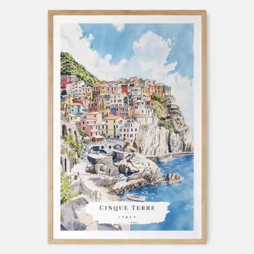 Cinque Terre Manarola Watercolor Art Print - Main - Wood Frame