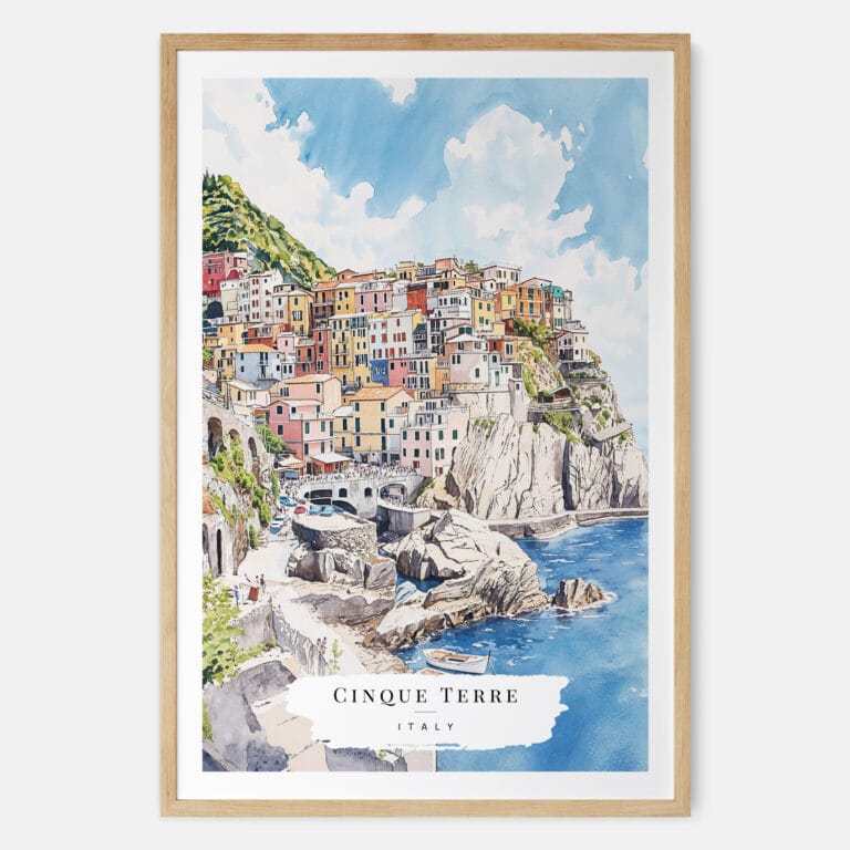 Cinque Terre Manarola Watercolor Art Print - Main - Wood Frame