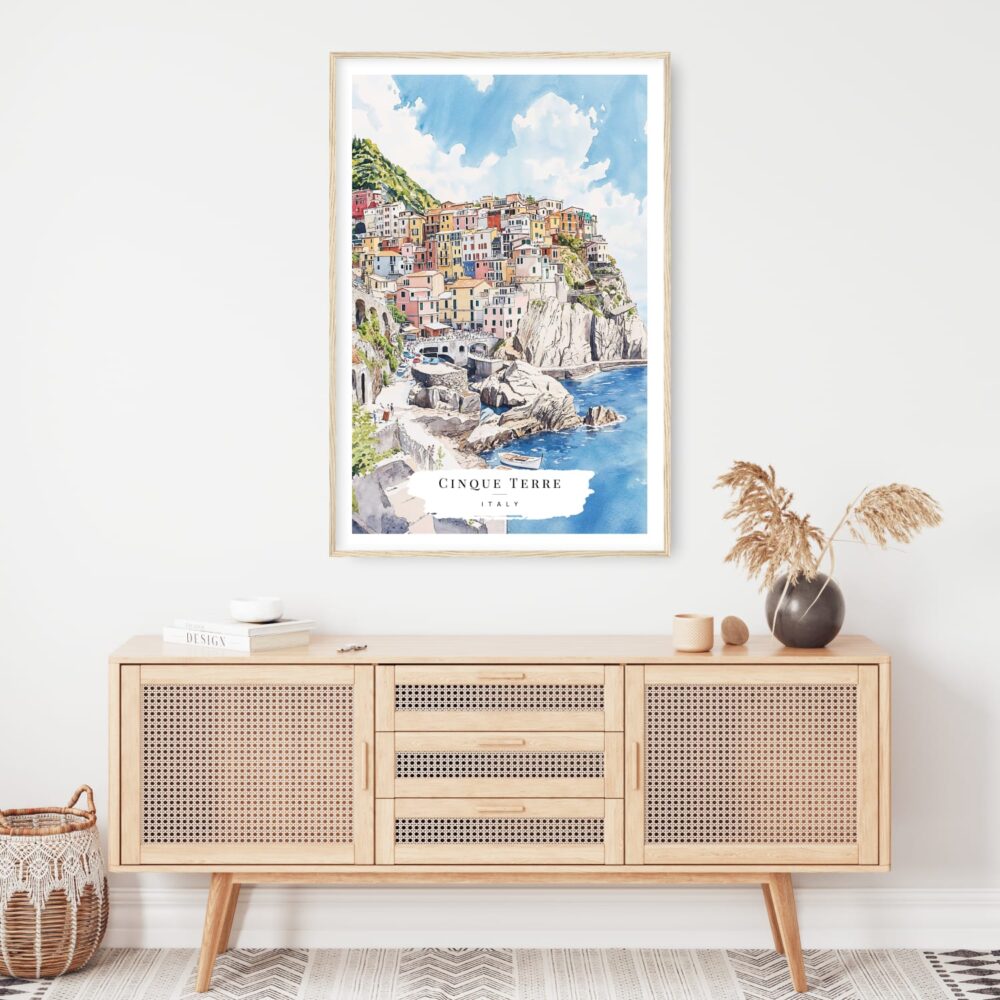 Cinque Terre Manarola Watercolor Art Print - Shelf - Portrait Cinque Terre Manarola Watercolor Art Print - Shelf - Portrait
