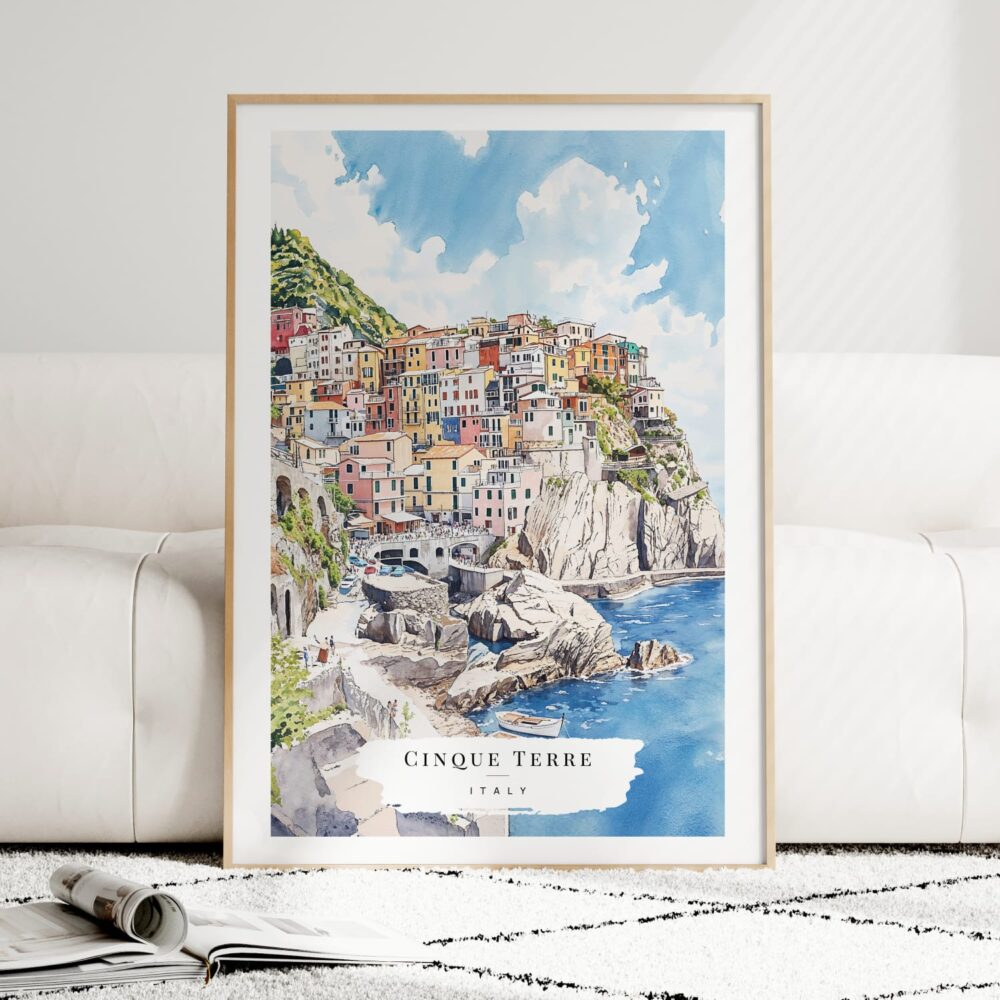 Cinque Terre Manarola Watercolor Art Print - Wood Frame standing on Floor Cinque Terre Manarola Watercolor Art Print - Wood Frame standing on Floor