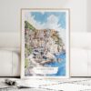 Cinque Terre Manarola Watercolor Art Print - Wood Frame standing on Floor