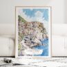 Cinque Terre Manarola Watercolor Art Print - Wood Frame standing on Floor