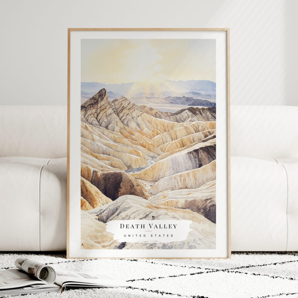 Death Valley Watercolor Art Print - Wood Frame standing on Floor Death Valley Watercolor Art Print - Wood Frame standing on Floor