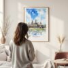 Framed Angkor Wat Cambodia Watercolor Wall Art - In Living Room with Woman Looking at it - Portrait