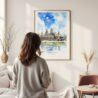 Framed Angkor Wat Cambodia Watercolor Wall Art - In Living Room with Woman Looking at it - Portrait
