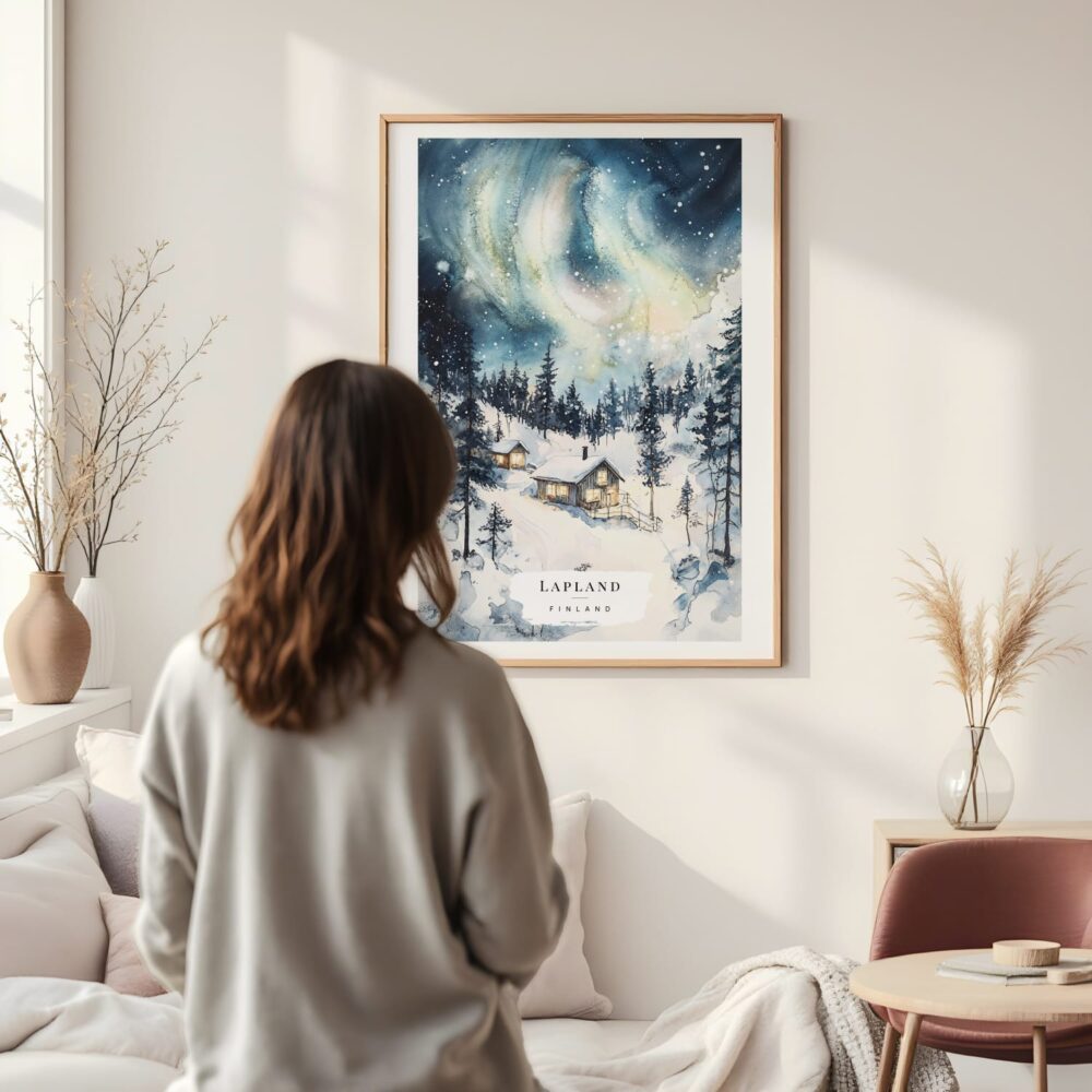 Framed Aurora Lapland Finland Watercolor Wall Art - In Living Room with Woman Looking at it - Portrait Framed Aurora Lapland Finland Watercolor Wall Art - In Living Room with Woman Looking at it - Portrait