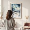 Framed Aurora Lapland Finland Watercolor Wall Art - In Living Room with Woman Looking at it - Portrait