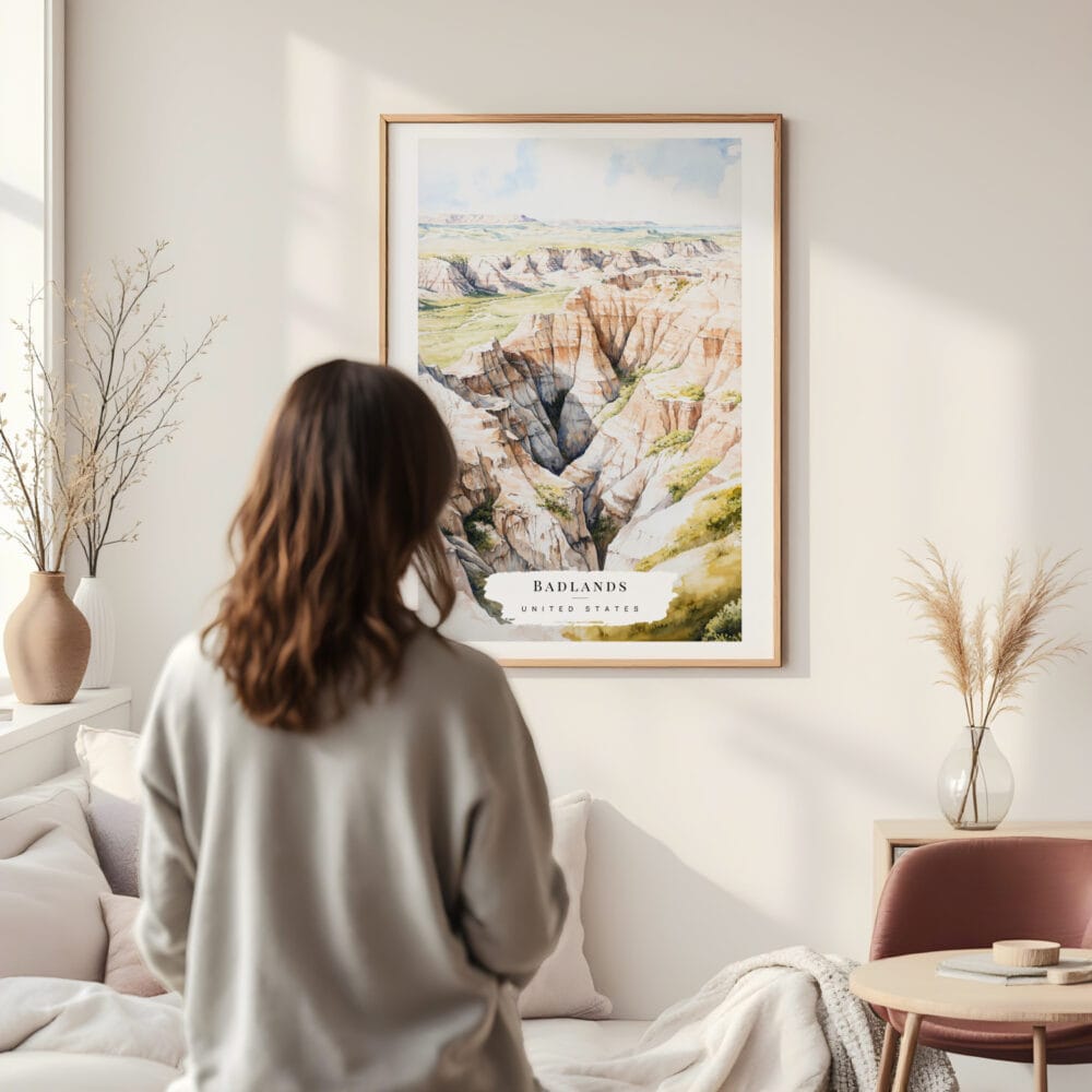 Framed Badlands National Park Watercolor Wall Art - In Living Room with Woman Looking at it - Portrait Framed Badlands National Park Watercolor Wall Art - In Living Room with Woman Looking at it - Portrait